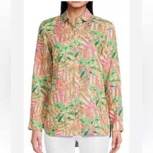 J. McLaughlin Britt Coral Gable Tropical Linen Long Sleeve Button Down Blouse XS